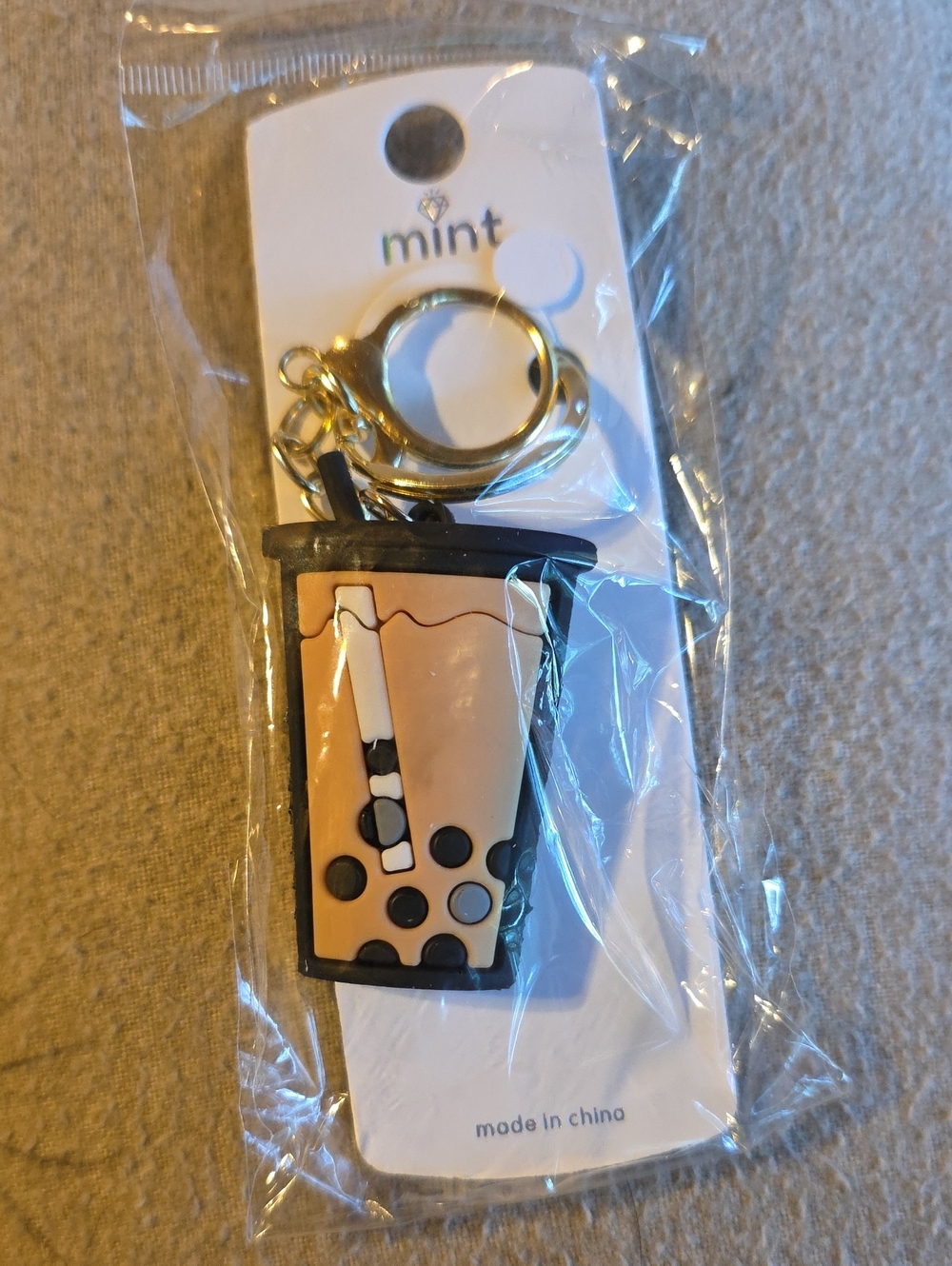 Mint Beige & Black Bubble Tea Keychain with Gold Ring